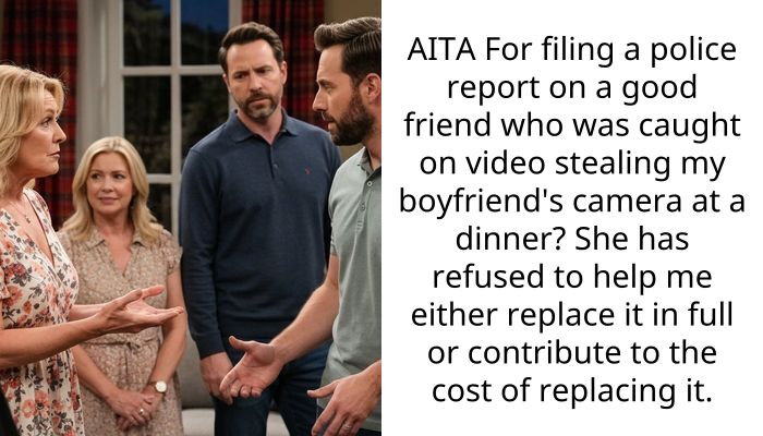 AITA For filing a police report on a good friend who was caught on video stealing my boyfriend’s camera at a dinner? She has refused to help me either replace it in full or contribute to the cost of replacing it.