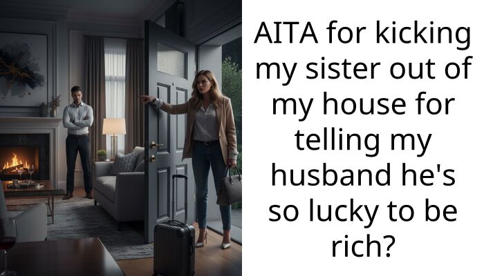 AITA for kicking my sister out of my house for telling my husband he’s so lucky to be rich?