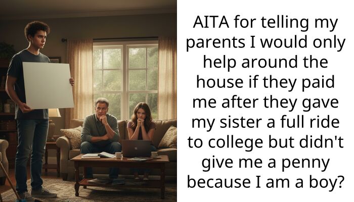 AITA for telling my parents I would only help around the house if they paid me after they gave my sister a full ride to college but didn’t give me a penny because I am a boy?