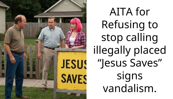 AITA for Refusing to stop calling illegally placed “Jesus Saves” signs vandalism.