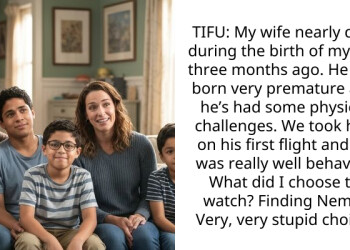 TIFU: My wife nearly died during the birth of my son three months ago. He was born very pr****ure and he’s had some physical challenges. We took him on his first flight and he was really well behaved. What did I choose to watch? Finding Nemo. Very, very stupid choice.