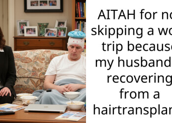 AITAH for not skipping a work trip because my husband is recovering from a hairtransplant?