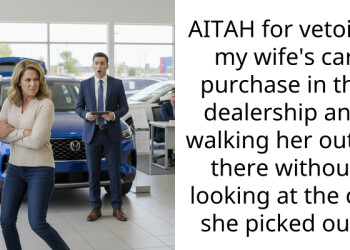AITAH for vetoing my wife’s car purchase in the dealership and walking her out of there without looking at the car she picked out?