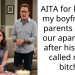 AITA for kicking my boyfriend’s parents out of our apartment after his mom called me a b**ch?