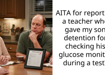 AITA for reporting a teacher who gave my son detention for checking his glucose monitor during a test?