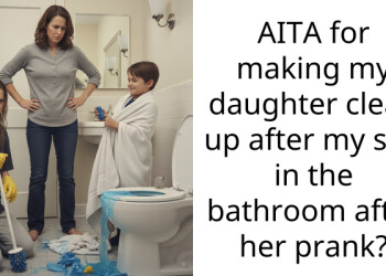 AITA for making my daughter clean up after my son in the bathroom after her prank?