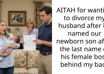 AITAH for wanting to divorce my husband after he named our newborn son after the last name of his female boss behind my back