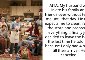 AITA: My husband will invite his family and friends over without telling me until that day. He then expects me to clean, run to the store and prep/cook everything. I finally just decided to leave the house the last time he told me because I only had 4 hours till their arrival. He canceled.