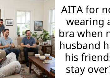 AITA for not wearing a bra when my husband has his friends stay over?