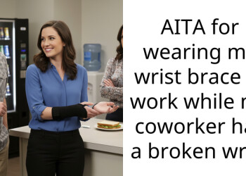 AITA for wearing my wrist brace at work while my coworker has a broken wrist