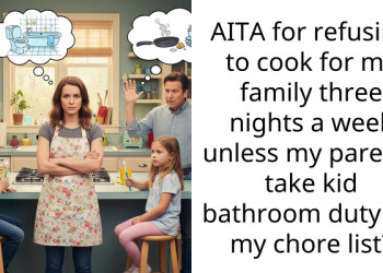 AITA for refusing to cook for my family three nights a week unless my parents take kid bathroom duty off my ch**e list?