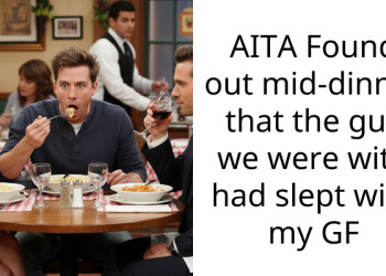 AITA Found out mid-dinner that the guy we were with had slept with my GF