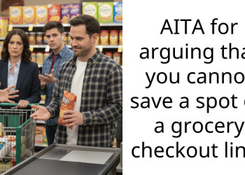 AITA for arguing that you cannot save a spot on a grocery checkout line?