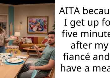 AITA because I get up for five minutes after my fiancé and I have a meal?