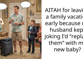 AITAH for leaving a family vacation early because my husband kept joking I’d “replace them” with my new baby?