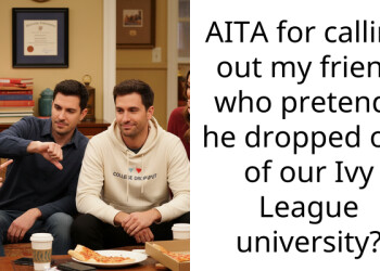 AITA for calling out my friend who pretends he dropped out of our Ivy League university?