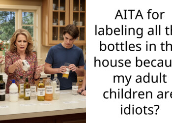 Fed Up Dad Plasters “This Side Up” Stickers On All Of The Containers In His House After His Adult Children Caused His $80 Prescription Shampoo To Leak
