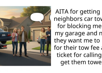 AITA for getting my neighbors car towed for blocking me in my garage and now they want me to pay for their tow fee and ticket for calling to get them towed