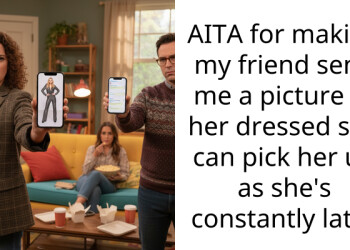 AITA for making my friend send me a picture of her dressed so I can pick her up as she’s constantly late?