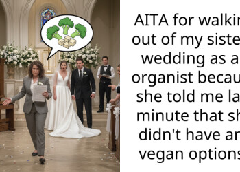 AITA for walking out of my sister’s wedding as an organist because she told me last minute that she didn’t have any vegan options?