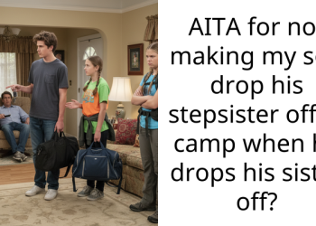 AITA for not making my son drop his stepsister off at camp when he drops his sister off?