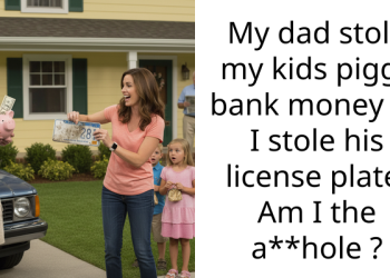 My dad stole my kids piggy bank money so I stole his license plate. Am I the a**hole ?