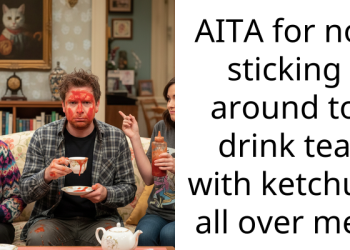 AITA for not sticking around to drink tea with ketchup all over me?