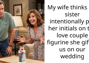My wife thinks my sister intentionally put her initials on the love couple figurine she gifted us on our wedding