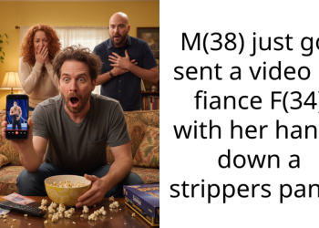 M(38) just got sent a video by fiance F(34) with her hands down a strippers pants.