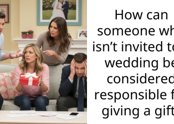 How can someone who isn’t invited to a wedding be considered responsible for giving a gift?