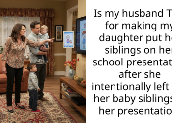 Is my husband TAH for making my daughter put her siblings on her school presentation after she intentionally left out her baby siblings in her presentation.