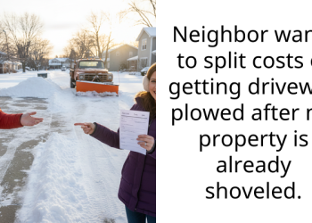 Neighbor wants to split costs of getting driveway plowed after my property is already shoveled.