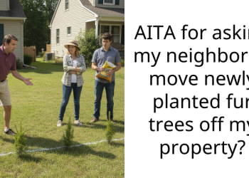 AITA for asking my neighbor to move newly planted fur trees off my property?