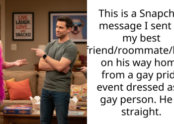 This is a Snapchat message I sent to my best friend/roommate/bfam on his way home from a gay pride event dressed as a gay person. He is straight.