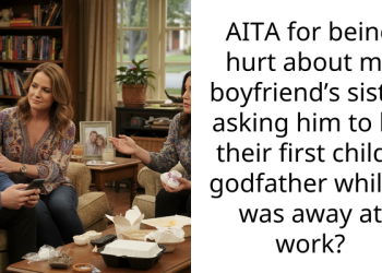 AITA for being hurt about my boyfriend’s sister asking him to be their first child’s godfather while I was away at work?