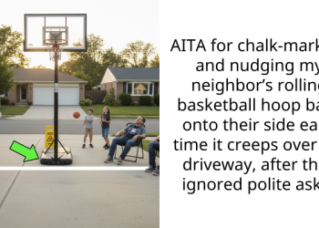 AITA for chalk-marking and nudging my neighbor’s rolling basketball hoop back onto their side each time it creeps over my driveway, after they ignored polite asks?