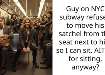 Guy on NYC subway refused to move his satchel from the seat next to him so I can sit. AITAH for sitting, anyway?