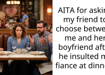 AITA for asking my friend to choose between me and her boyfriend after he insulted my fiance at dinner?