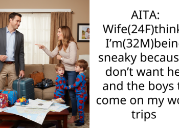 AITA: Wife(24F)thinks I’m(32M)being sneaky because I don’t want her and the boys to come on my work trips