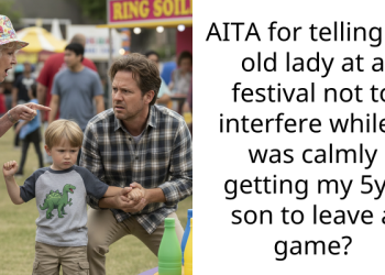 AITA for telling an old lady at a festival not to interfere while I was calmly getting my 5yo son to leave a game?