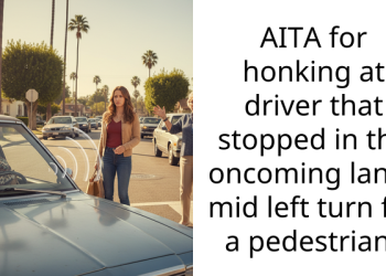 AITA for honking at driver that stopped in the oncoming lanes mid left turn for a pedestrian?