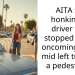 AITA for honking at driver that stopped in the oncoming lanes mid left turn for a pedestrian?