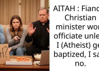 AITAH : Fiancés Christian minister wont officiate unless I (Atheist) get baptized, I said no.