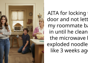 AITA for locking the door and not letting my roommate back in until he cleaned the microwave he exploded noodles in like 3 weeks ago?