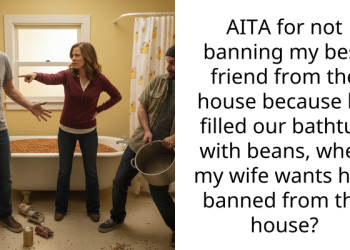 AITA for not banning my best friend from the house because he filled our bathtub with beans, when my wife wants him banned from the house?