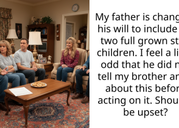 My father is changing his will to include his two full grown step children. I feel a little odd that he did not tell my brother and I about this before acting on it. Should I be upset?