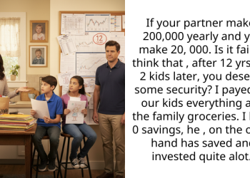 If your partner makes 200,000 yearly and you make 20, 000. Is it fair to think that , after 12 yrs and 2 kids later, you deserve some security? I payed for our kids everything and the family groceries. I have 0 savings, he , on the other hand has saved and invested quite alot.
