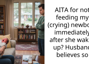 AITA for not feeding my (crying) newborn immediately after she wakes up? Husband believes so