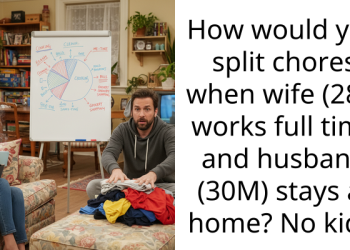 How would you split ch**es when wife (28F) works full time and husband (30M) stays at home? No kids