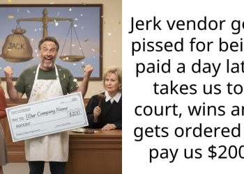 J**k vendor gets p**sed for being paid a day late, takes us to court, wins and gets ordered to pay us $200